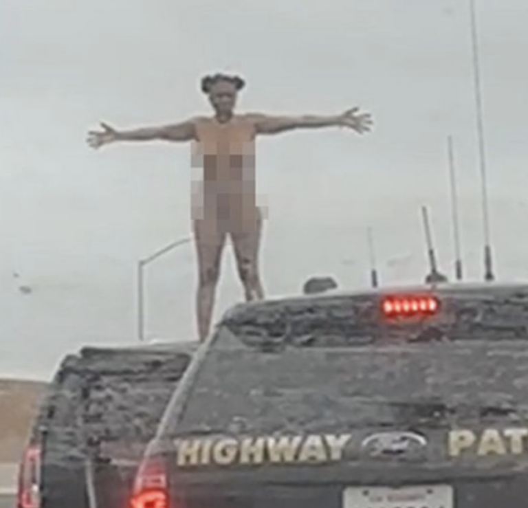 Woman Strips Naked And Stands Atop Vehicle On Freeway During Police