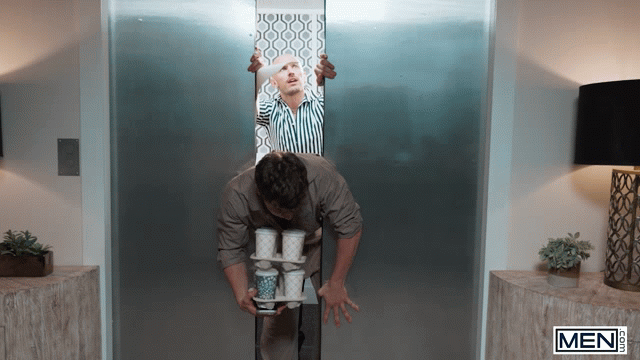 Today In People Being Butt Fucked While Stuck Between Elevator Doors: Phoenix Leo Tops Oliver Marks In Men.com’s <em>Devil Wears Prada</em> Gay Porn Parody