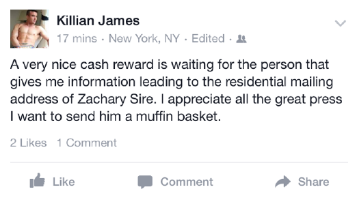 Killian James Offers “Cash Reward” In Exchange For Blogger’s Home Address