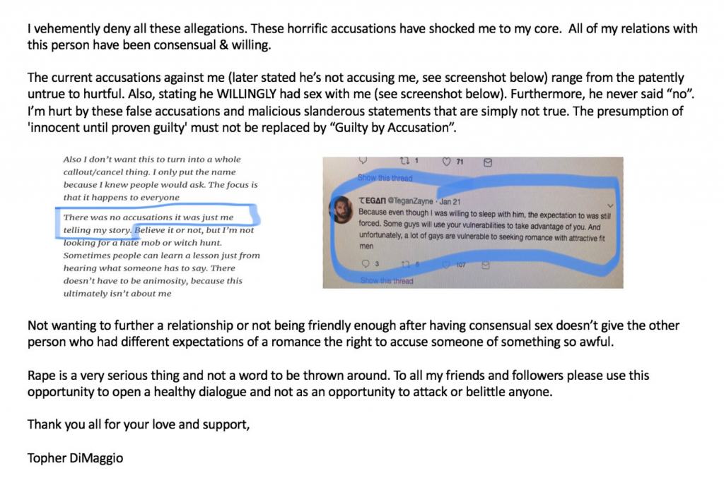[UPDATED] Topher DiMaggio Tries To Deny Rape Accusation By Plagiarizing Russell Simmons And Misrepresenting Tweets From Tegan Zayne