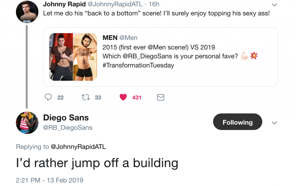 Diego Sans Says He’d “Rather Jump Off A Building” Than Bottom For Johnny Rapid
