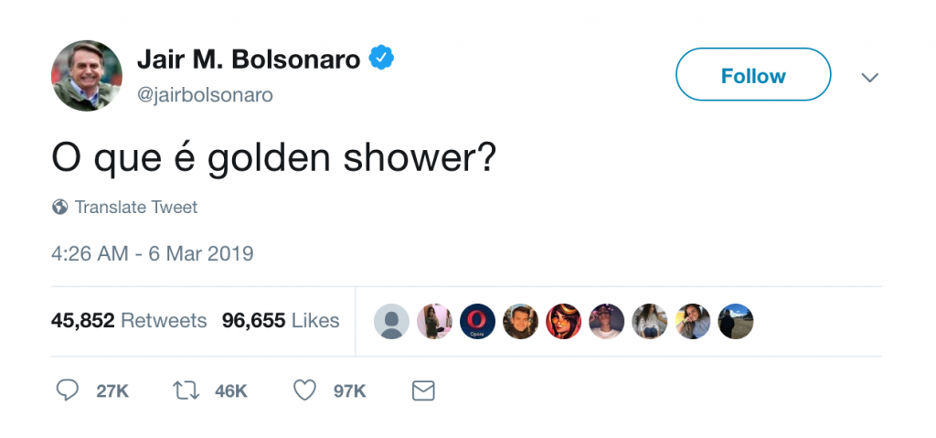 Brazilian President Asks Followers What A Golden Shower Is