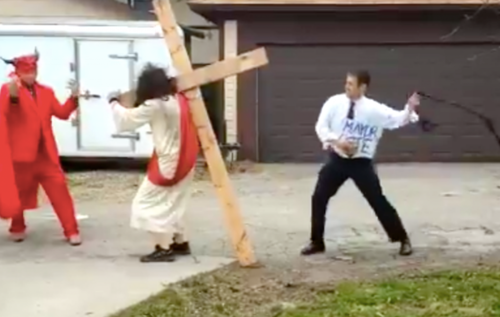 Psychotic Right-Wing Christians Stage Bizarre Passion Play With Pete Buttigieg, Jesus, And Satan