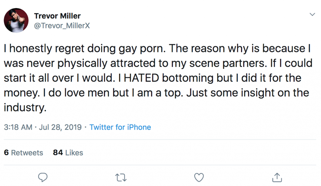 Trevor Miller Says He “Regrets Doing Gay Porn” Because He Was “Never Attracted To Scene Partners” And “HATED Bottoming”