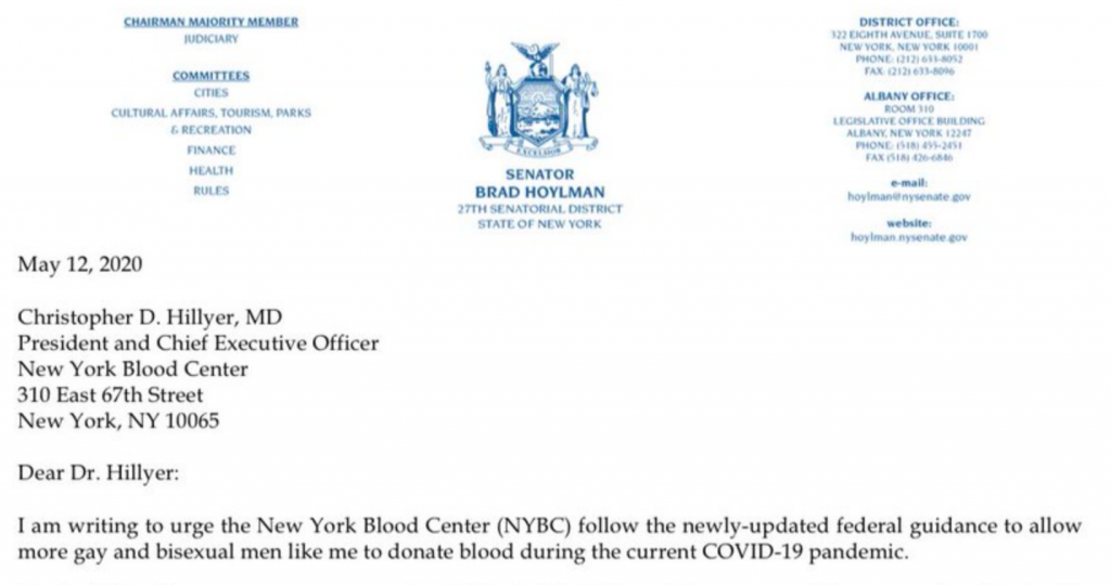 Gay New York State Senator Writes Letter To Blood Bank After Being Prohibited From Donating