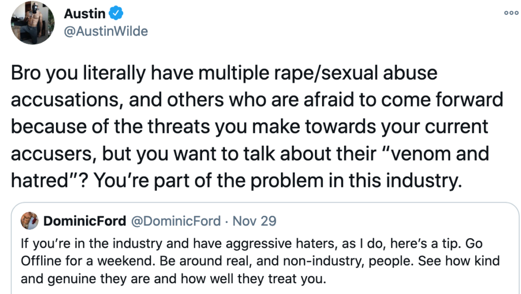 Austin Wilde Calls Out JustForFans Owner Dominic Ford For Continuing To Label His Alleged Rape Victims “Online Haters”