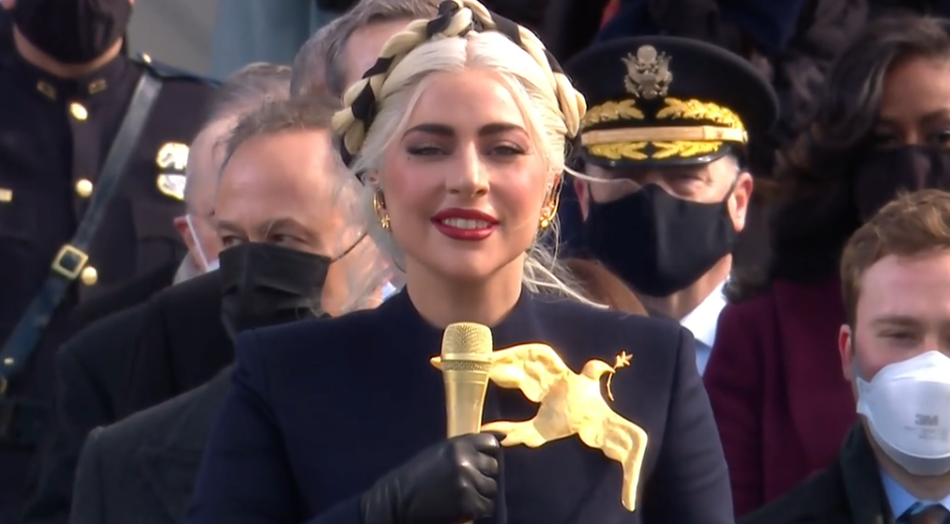 Gaga Wears Giant Dove Brooch While Singing National Anthem