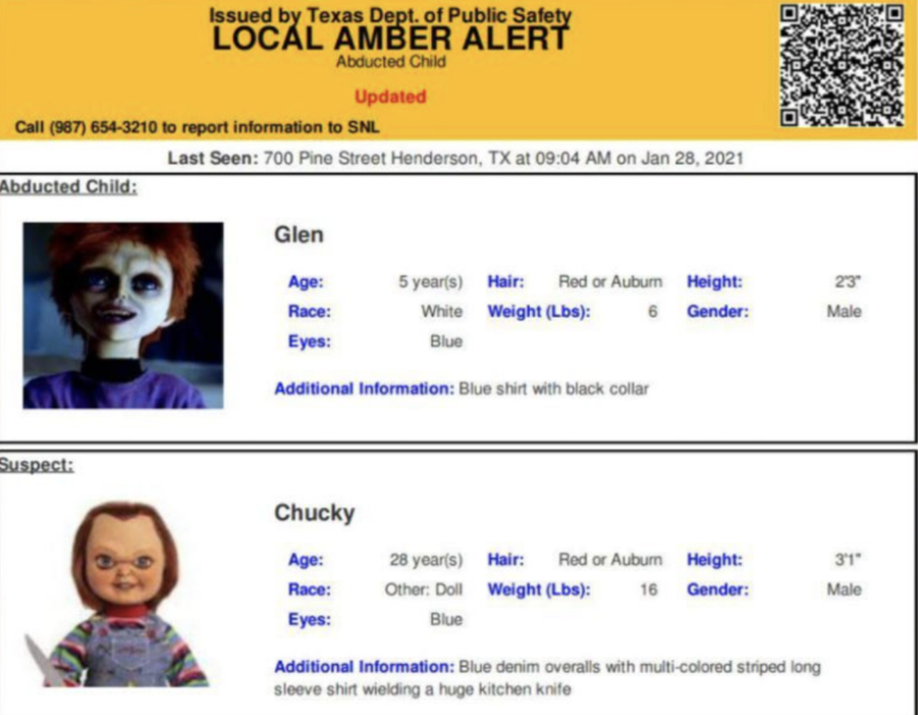 Texas DPS Sends Out Amber Alert For Chucky Doll