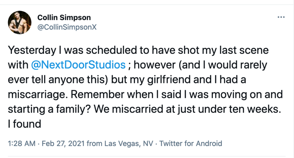 Collin Simpson Announces Early Retirement From Gay Porn Following Girlfriend’s Miscarriage: “2021 Has Taken My Child”