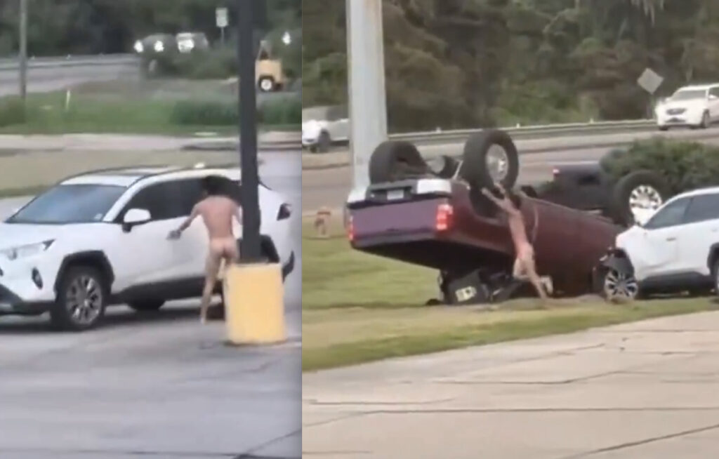 Completely Naked Man Steals SUV And Deliberately Slams Into Truck, Then Jumps For Joy