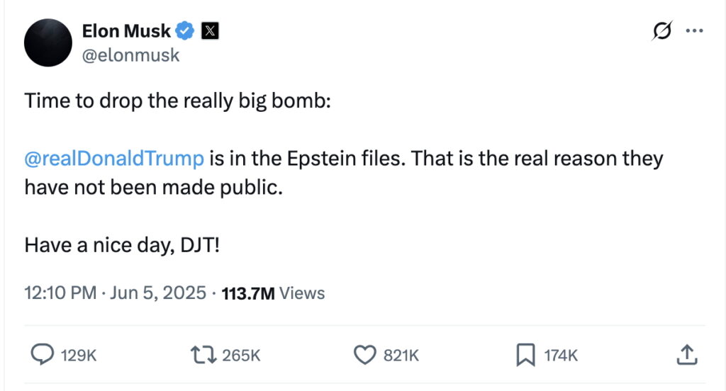 Elon Musk Calls For Trump To Be Impeached, Says He Participated In Sex Trafficking With Jeffrey Epstein